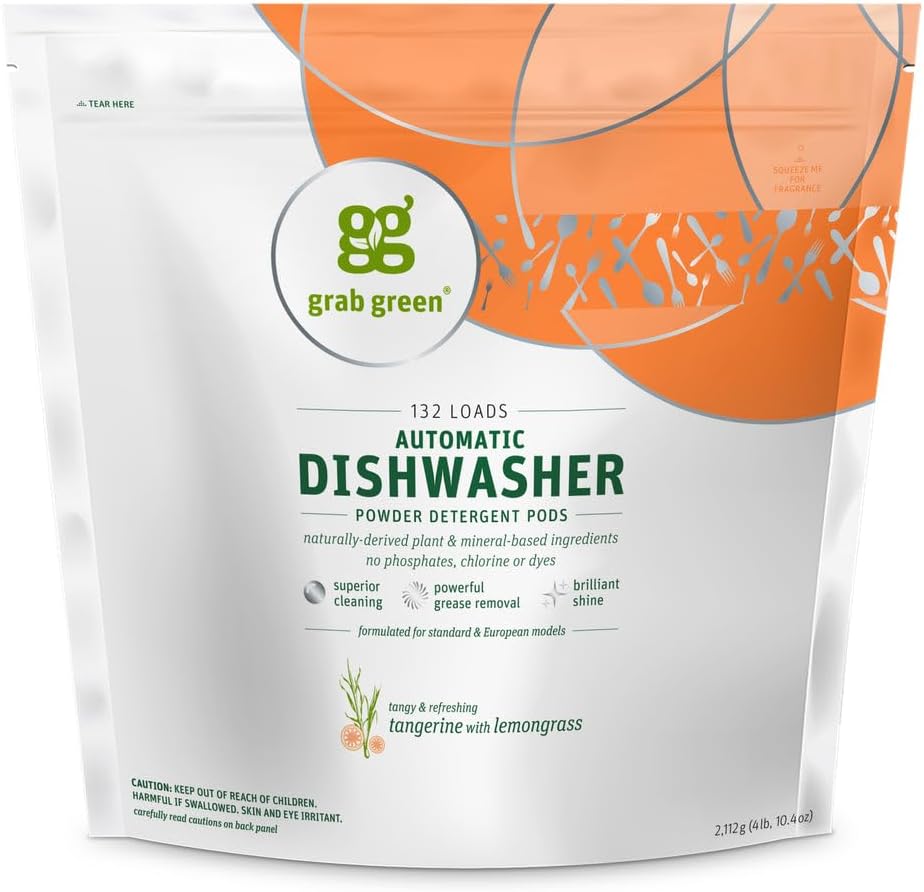 Grab Green Automatic Dishwashing Detergent Pods, 132 Count, Tangerine Lemongrass Scent, Plant and Mineral Based, Superior Cleaning, Powerful Grease Removal, Brilliant Shine