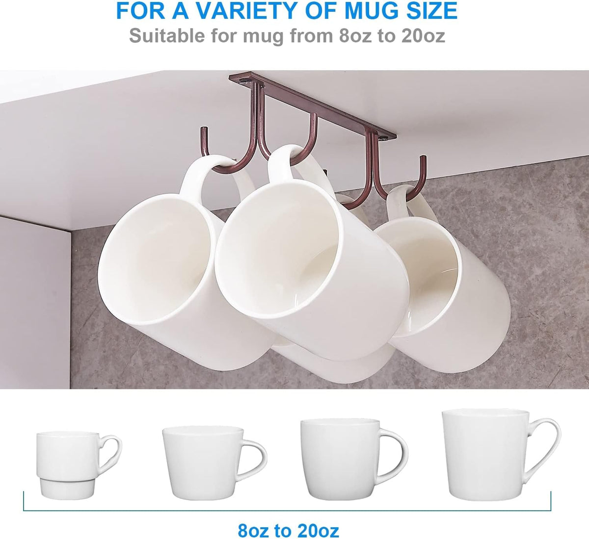 Mug Rack Under Cabinet - Coffee Cup Holder, 12 Mugs Hooks Under Shelf, Display Hanging Cups Drying Hook for Bar Kitchen Utensils Brown