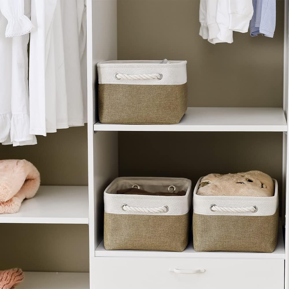 TheWarmHome Storage Basket for Shelves - 1 Pack 14x10x6.7 inch Collapsible Storage Bins Storage Boxes for Organizing for Laundry Closet Gift Cloth Nursery (Whiet & Khaki)