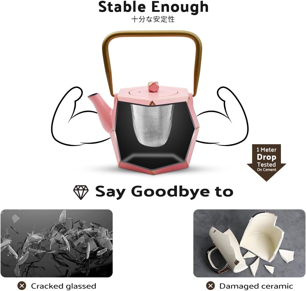 Toptier Cast Iron Teapot, Stovetop Safe Japanese Cast Iron Tea Kettle, Diamond Design Tea Pot with Removable Infuser for Loose Tea, 30 Ounce (900 ml), Pink