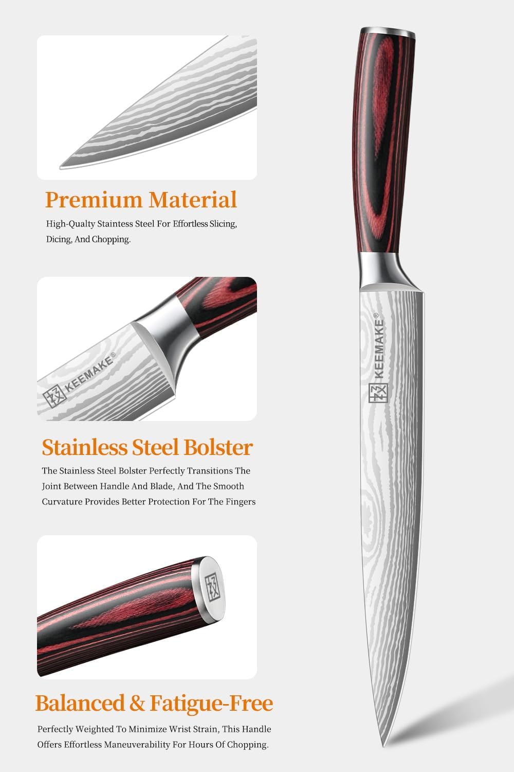 KEEMAKE 8 Inch Carving Knife - Ultra Sharp Slicing Knife High Carbon Stainless Steel Blade & Ergonomic Handle for Meat Cutting BBQ Turkey Ham Gift Box Included