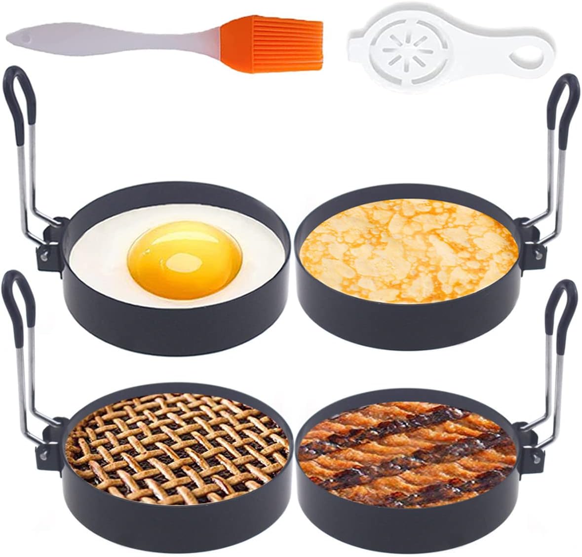 Egg Ring,4 Packs Upgrade Large 4" Egg Rings for Griddle Frying Egg,Non-stick Stainless Steel 4 Inch Griddle Egg Ring Round Egg Cooker Pancake Ring Cooking Ring for Muffin with Oil Brush Egg Separator