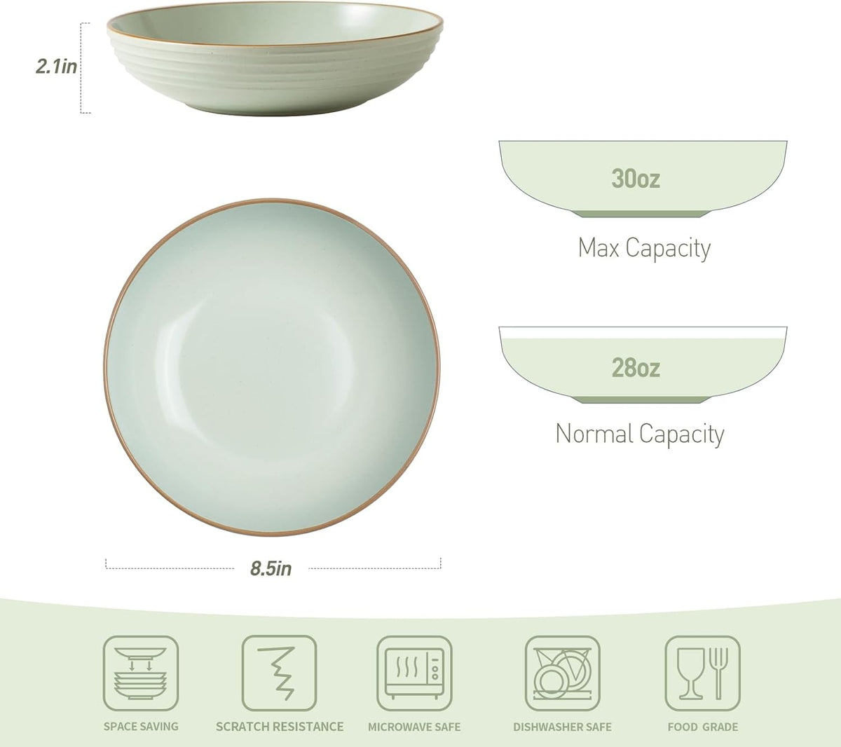 famiware Jupiter Pasta Bowls, 30 OZ Large Salad Bowls Set of 4, Microwave and Dishwasher Safe, Sturdy & Stackable, Serving Bowls for Kitchen, Light Green
