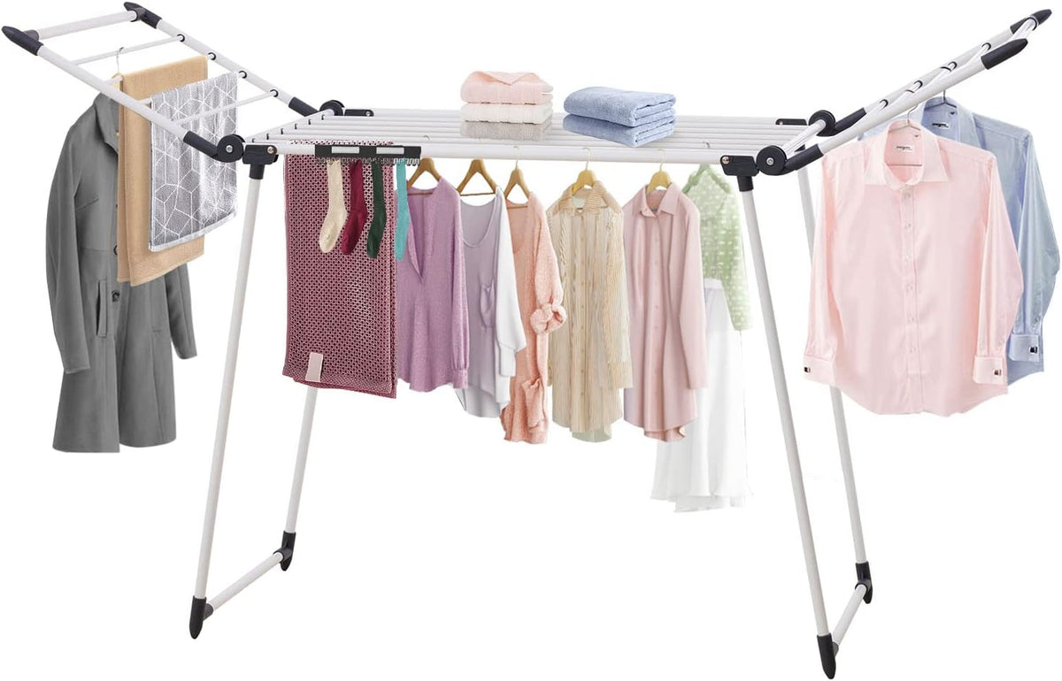 Clothes Drying Rack, Gullwing Laundry Rack, Collapsible, Space-Saving Laundry Rack, with Sock Clips, for Clothes, Towels, Linens, Indoor/Outdoor