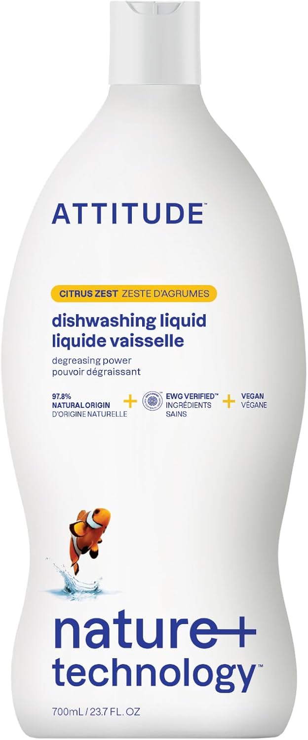 ATTITUDE Dish Soap, EWG Verified, Plant-Based & Vegan Dishwashing Liquid, Naturally Derived, Citrus Zest, 23.7 Fl Oz