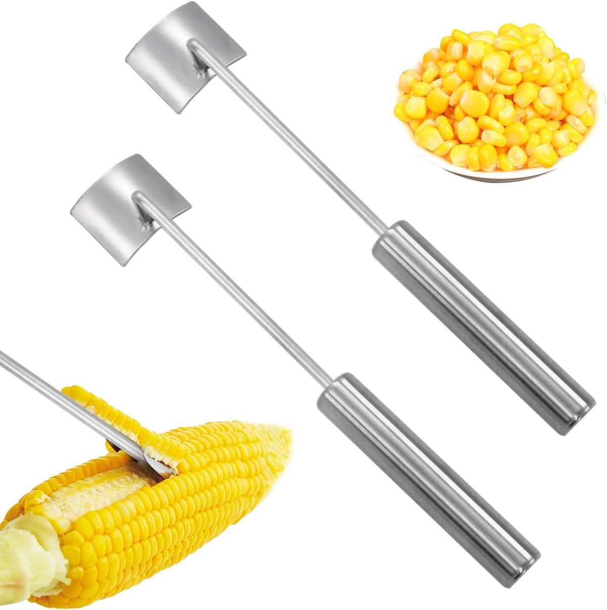 Stainless Steel Corn Peeler and Stripper Set, 2 Pcs Long Handle Corn Cutter for Kitchen and Outdoor Dining