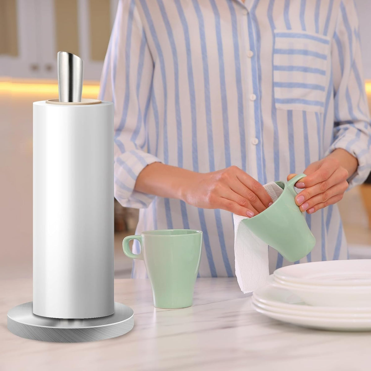 JOGREFUL Paper Towel Holder Stand, Stainless Steel Kitchen Paper Towel Countertop Stand with Streamline Body, Bathroom Organization for Family Standard Large Size Roll Paper, Sliver