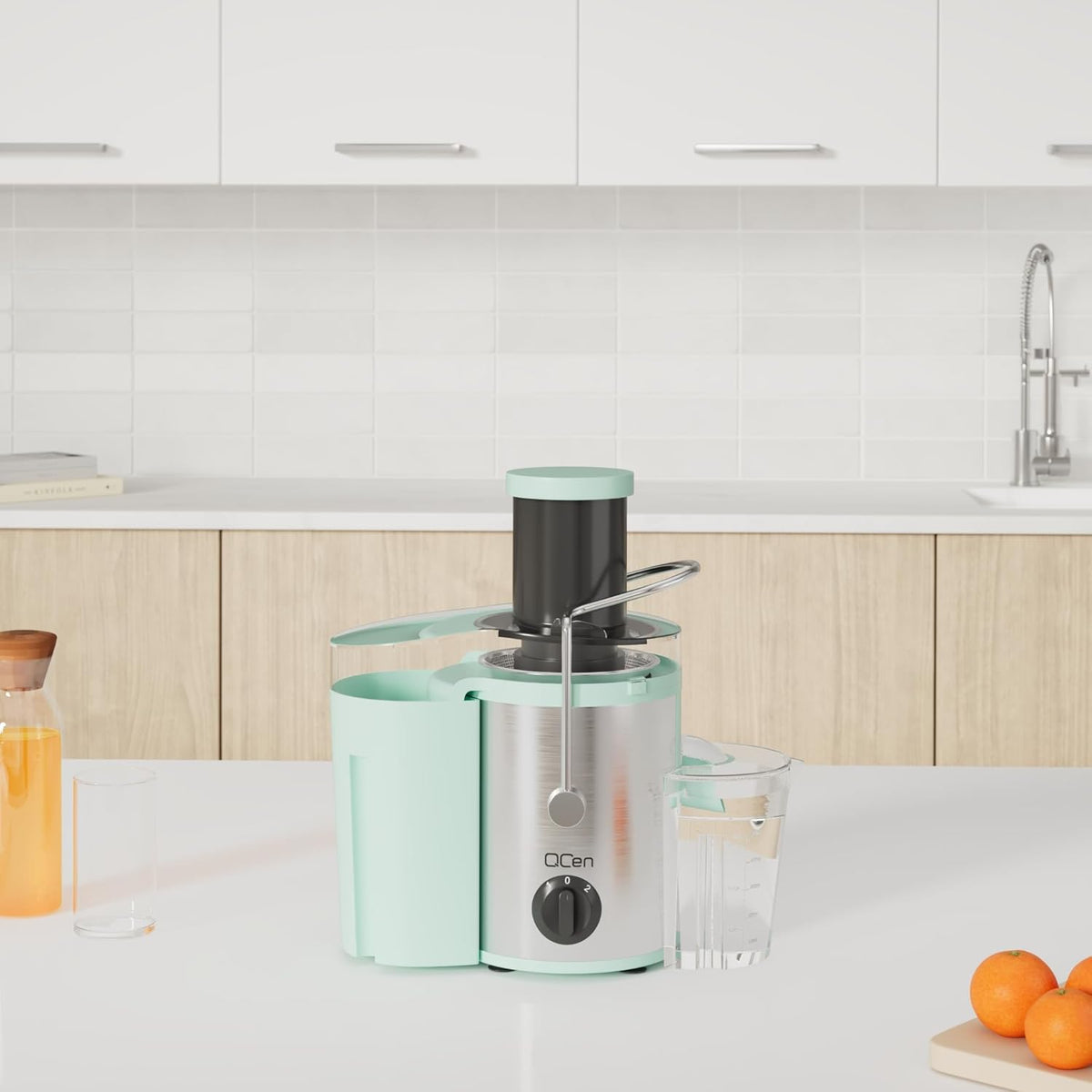 QCen Juicer Machine, 500W Centrifugal Juicer Extractor with Wide Mouth 3” Feed Chute for Fruit Vegetable, Easy to Clean, Stainless Steel, BPA-free (Aqua)