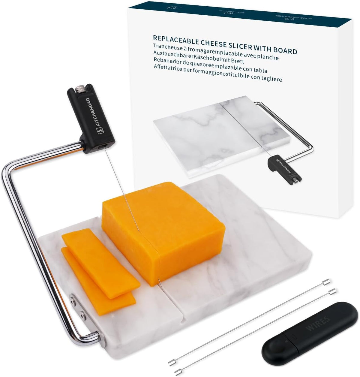 KITCHENDAO Replaceable Wire Cheese Slicer with Board, Tightness Adjustable Cheese Slicer, Marble Cheese Cutter for Block Cheese, Easy to Replace, with 2 Extra Upgrade Strong Wires