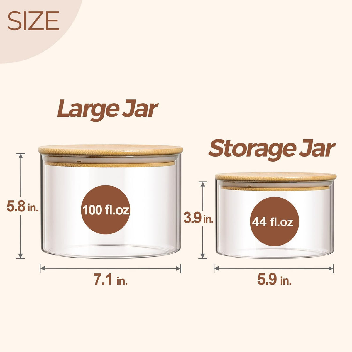 ComSaf Glass Food Storage Containers, 100 oz/44 oz Glass Flour and Sugar Containers with Airtight Lids, 7.1'' Wide Mouth Large Glass Jars with Bamboo Lid for Rice, Pasta, Oats, Grains, Cookie, Candy