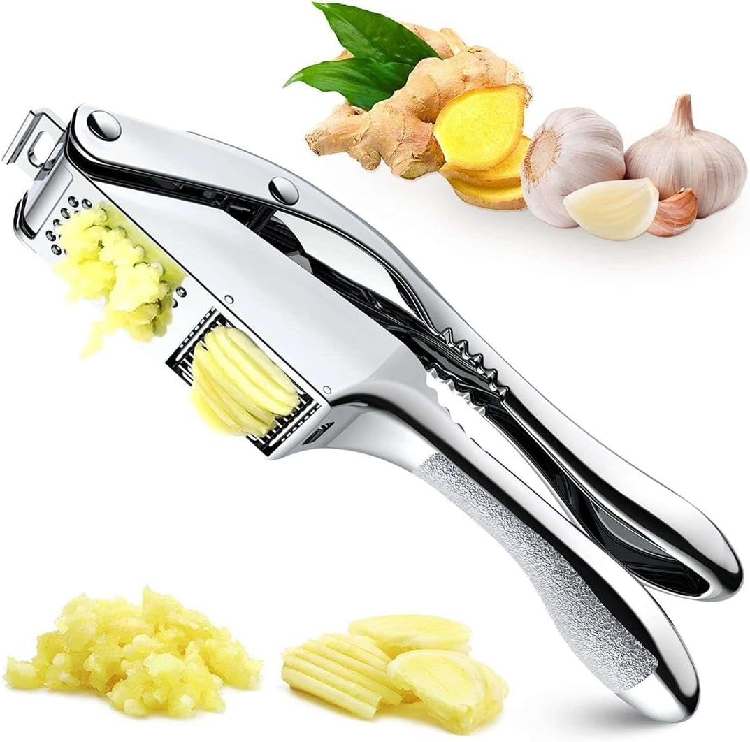 Premium Stainless Steel Garlic and Ginger Press, Walnut Crusher Set,3 in 1 Professional Grade Mincer, Crusher with Brush & Peeler - Easy-Clean, Dishwasher Safe & Soft Handle for Fine Garlic Crushing