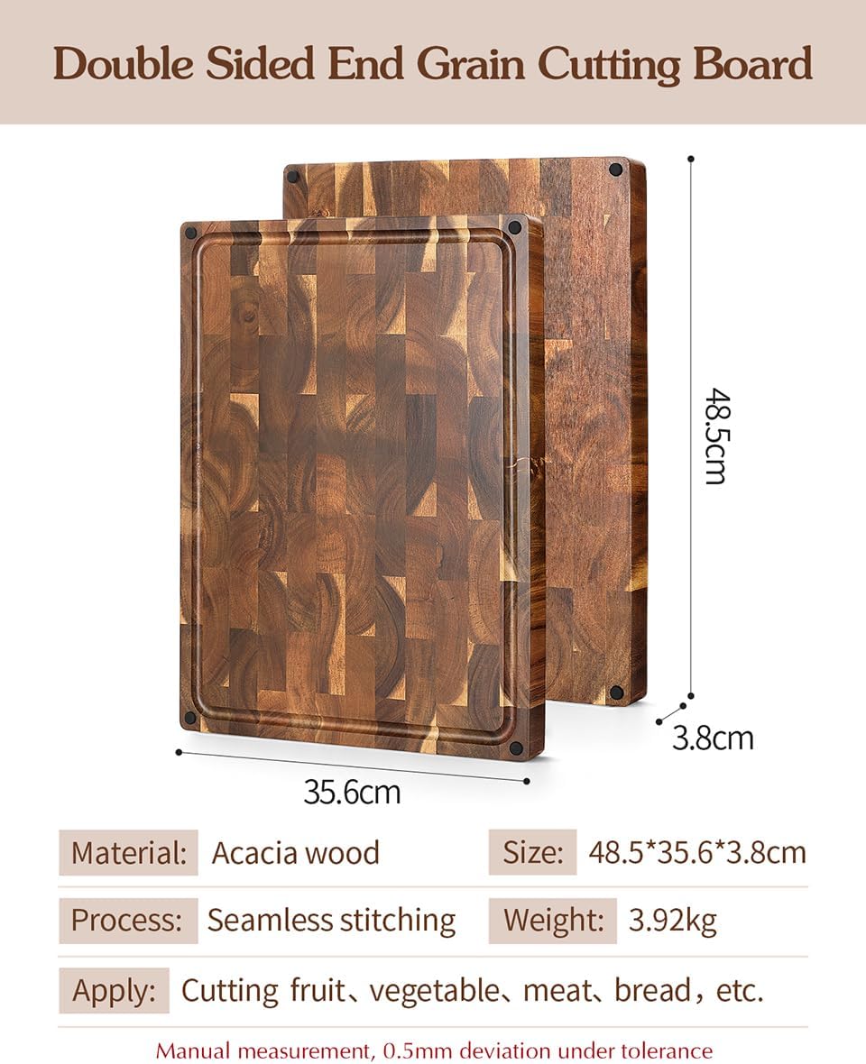 XINZUO Large Thick End Grain Acacia Wood Cutting Board- (19''L x 14''W x 1.5''T) Reversible Wooden Chopping Board with Non-Slip Feet, Built-in Handles and Juice Groove- Butcher Block Cutting Board