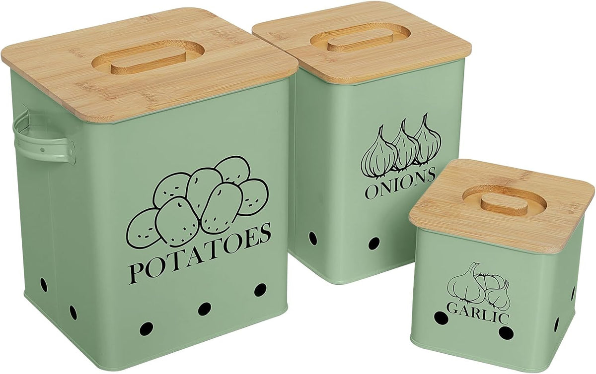 Kitchen Canisters Set, Storage Bin for Potato Onion & Garlic, 3 Pack Set Countertop Pots Containers with Wooden Lid - Potato Storage, Garlic Bin, Onion Keeper Tin with Aerating Holes-Green