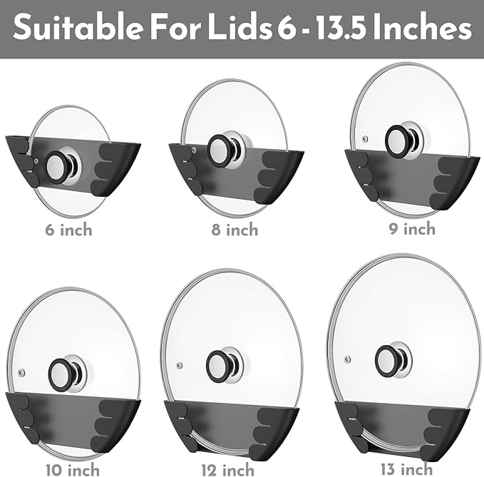 Universal Pot Lid Organizer for Cabinet - Upgraded Patented Niceyos 6 Pack Pan Lids Organizers Inside Door Wall Mount Pots Top Storage Rack Holder Kitchen, Fits 6" to 13" (Black)