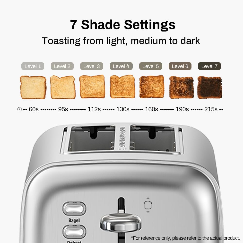 Toaster 2 Slice, Extra Wide Slot Toaster for Bagels, Bread, Waffles, 7 Shade Settings, 4 Main Functions, Removable Crumb Tray, 900 Watts Toasters, Brushed Stainless Steel