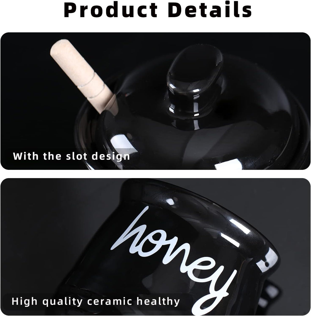 Honey Jar with Dipper and Lid, Ceramic Honey Pot 12oz, Black