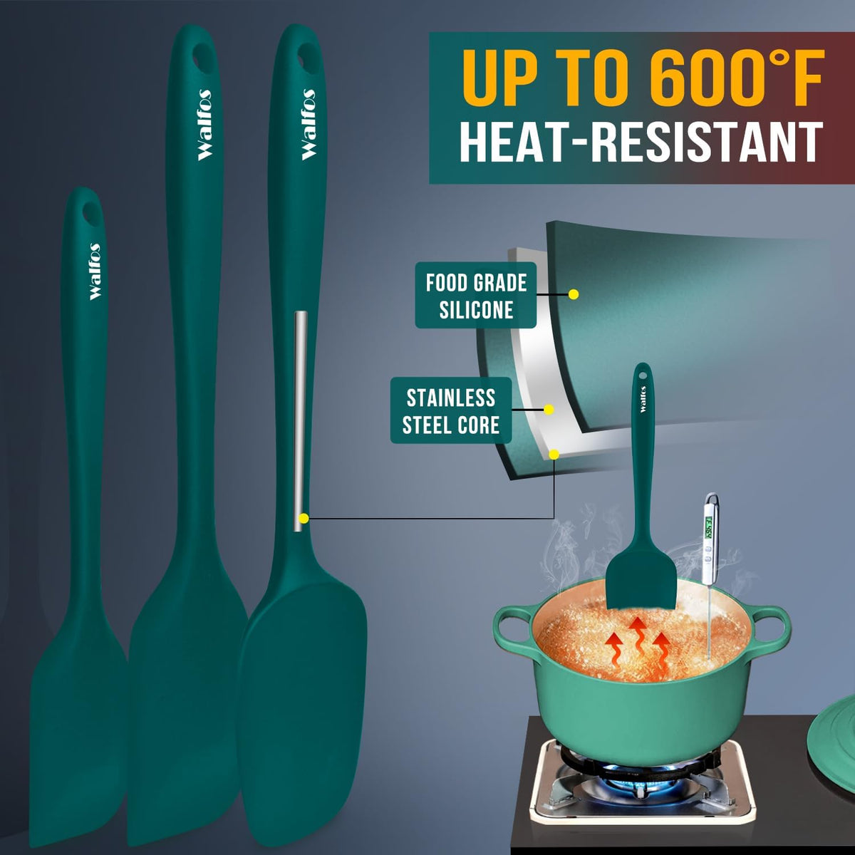 Walfos Silicone Spatula Set of 5 - (600°F) High Heat Resistant Dark Green Kitchen Scraper Spatulas, One-Pieces Seamless Design, Perfect for Cooking Mixing & Baking - BPA Free and Dishwasher Safe