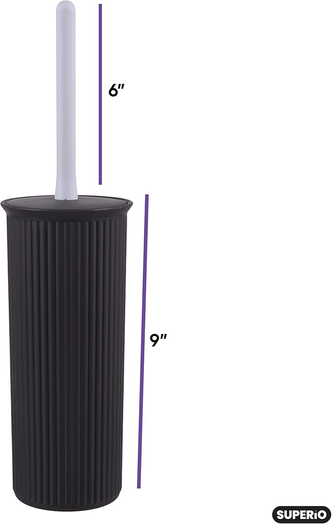 Superio Ribbed Collection - Decorative Plastic Toilet Bowl Brush and Holder Set, Brown (1 Pack) Cleaner Scrubber for Bathroom