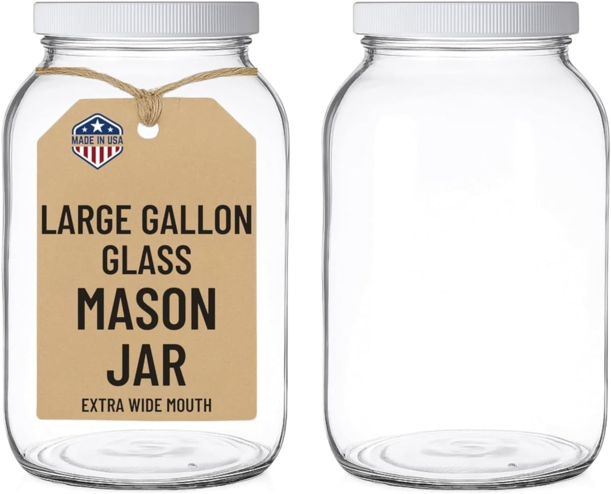 kitchentoolz 1 Gallon Glass Mason Jars – Extra Large Wide Mouth Jars with Airtight Lids – Perfect for Sourdough Starter, Fermenting, Pickling, and Storage – Made in the USA – Pack of 2