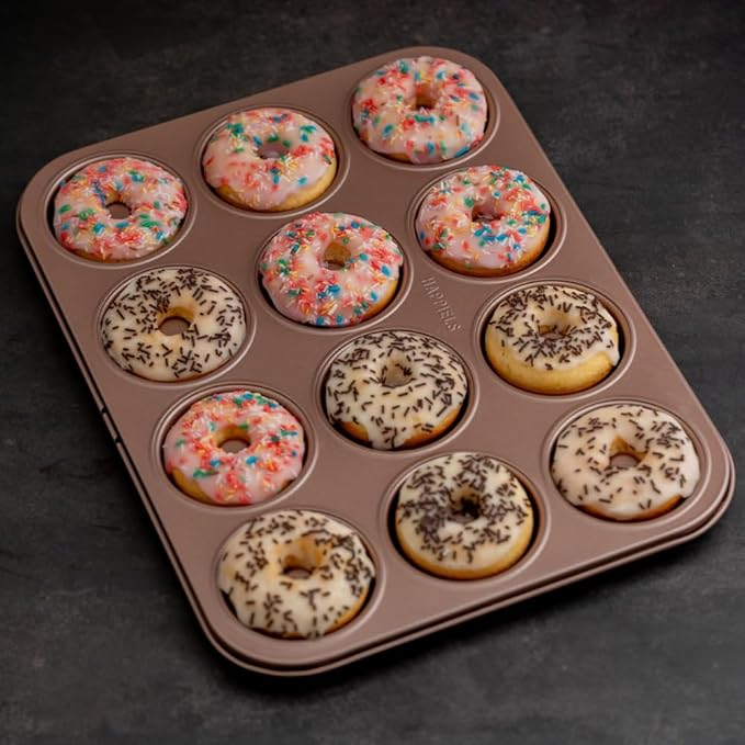 HAPPIELS 12 Well Donut Pan Nonstick, Non Toxic PFOA & BPA Free Donuts Mold for Baking, Doughnut Tin for Oven, Doughnuts Pans and Molds Non Stick Nontoxic, Baking Tray Pans & Trays without Teflon