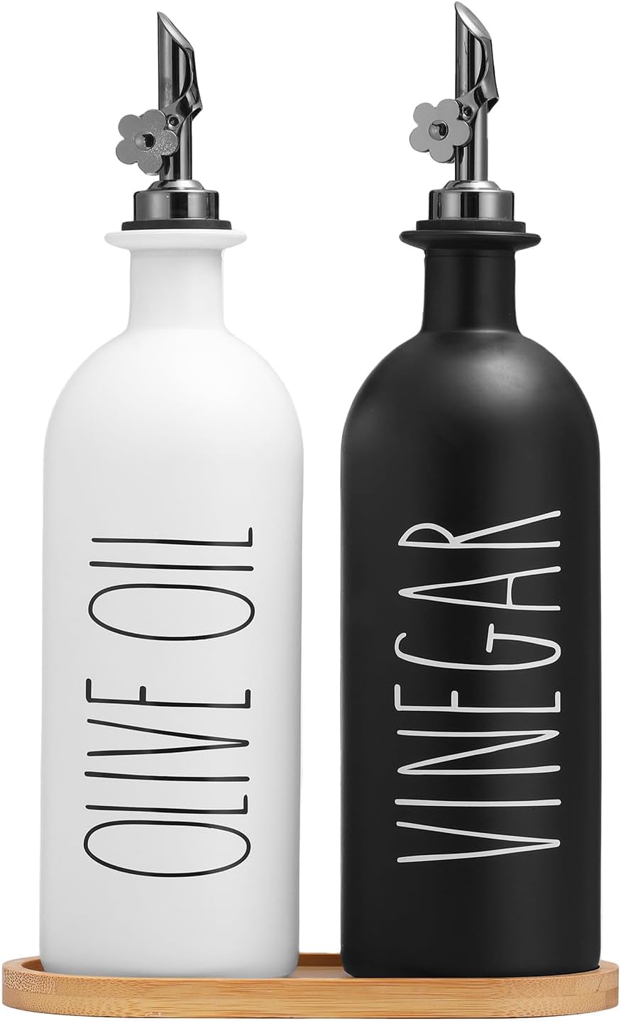 HOMCDALY 16oz Olive Oil Dispenser Bottles for Kitchen, Glass Oil Dispenser for Kitchen with Bamboo Tray, Oil&Vinegar Dispenser Set | Set of 2 (16oz-P-Black&White)