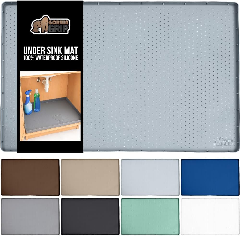 GORILLA GRIP Waterproof Silicone Under Sink Mat with Raised Lip for Kitchen and Bathroom, 46 x 22 in, Cabinet Shelf Liner Stay in Place Mats Dishwasher Safe Drawer Liner, Organizer Tray, Light Grey