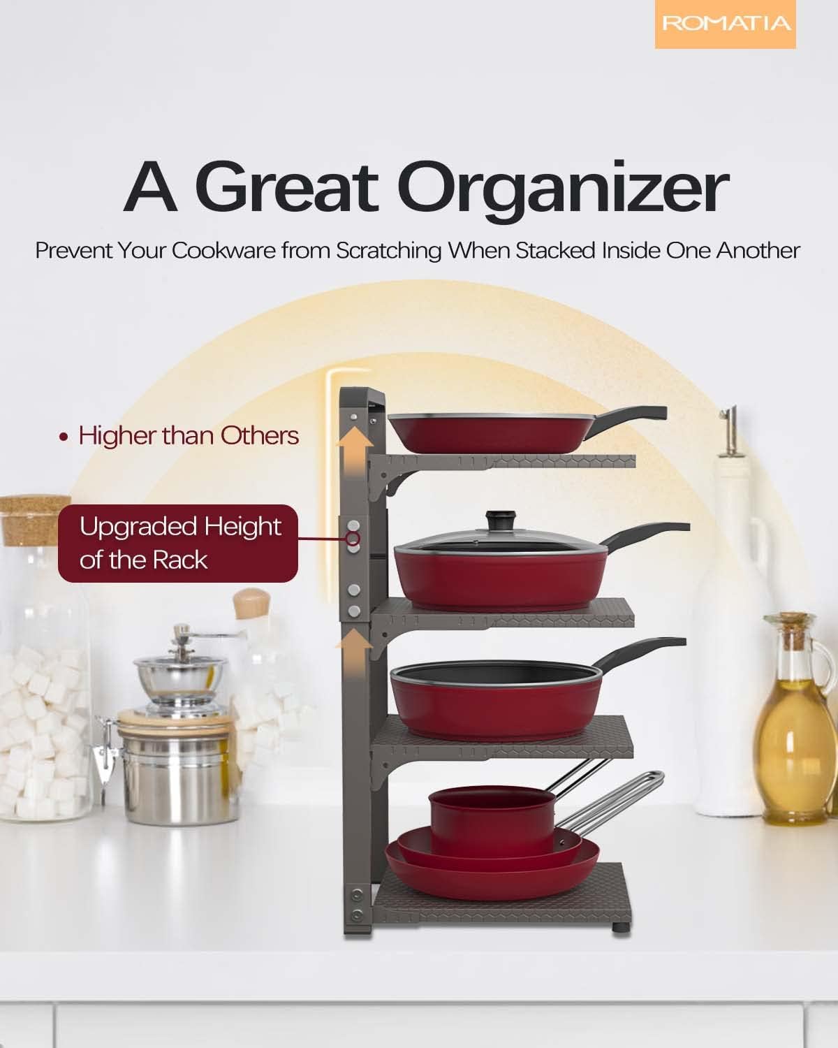 Pot and Pan Organizer Rack for under Cabinet, Heavy Duty Pot Pan Rack under Sink Organizers and Storage, Pot lid organizer, Kitchen Cabinet Organizer with 4 Adjustable Shelves
