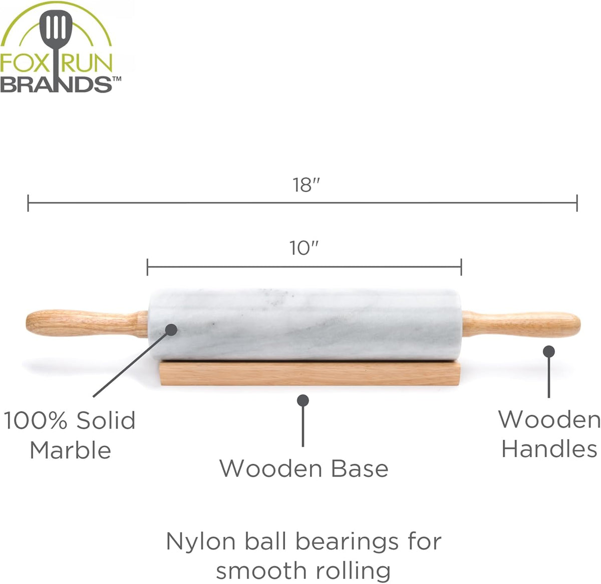 Fox Run Polished Marble Rolling Pin with Wooden Cradle, 10-Inch Barrel, White