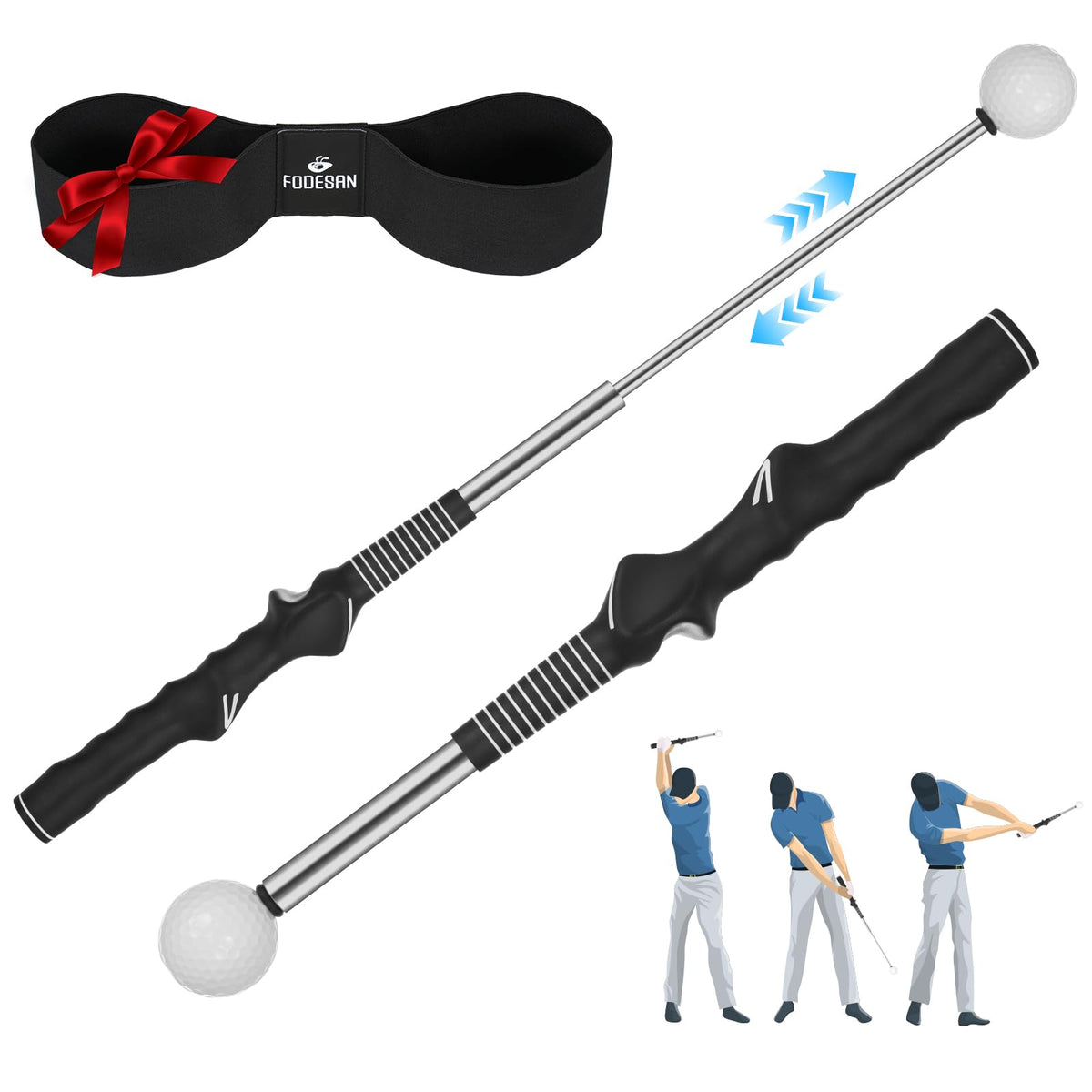 FODESAN Retractable Golf Swing Trainer, Training Aid with Grip Trainer, Swing Mechanics for Beginners & Tempo Training for Advanced, Click Feedback, Muscle Training, Indoor/Outdoor