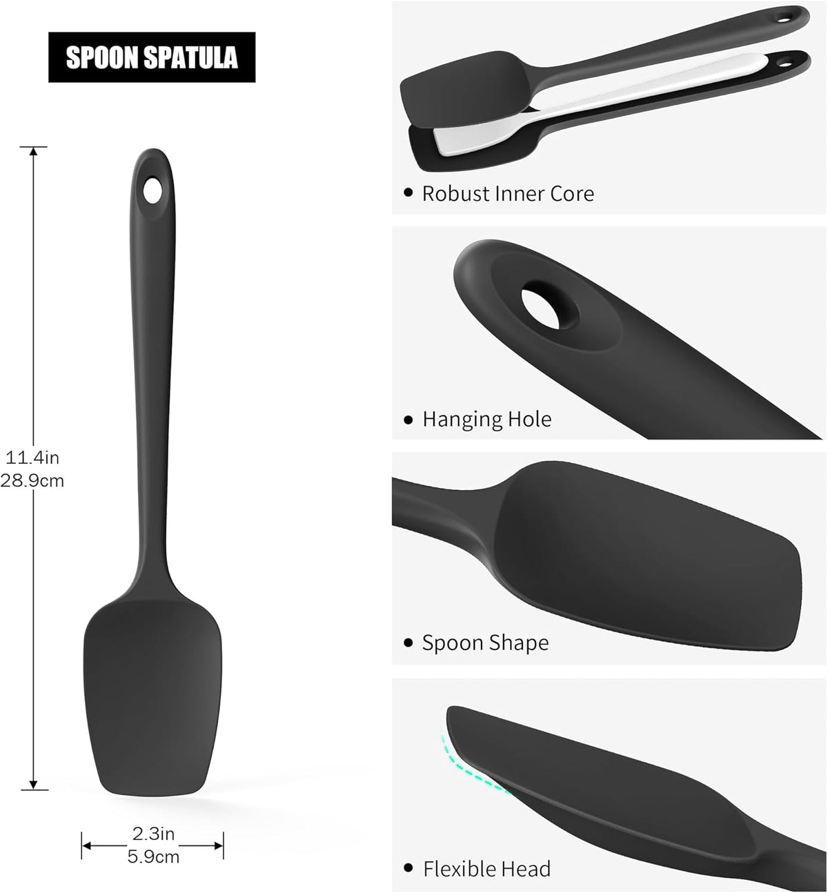 Heat Resistant Silicone Spoon Spatula, Doosu 600°F High Temp Flexible Cooking Spoons Kitchen Rubber Spoonula Scratch-Proof for Mixing Stirring Scraping Serving Non-Stick Cookware (11.4in, Black)