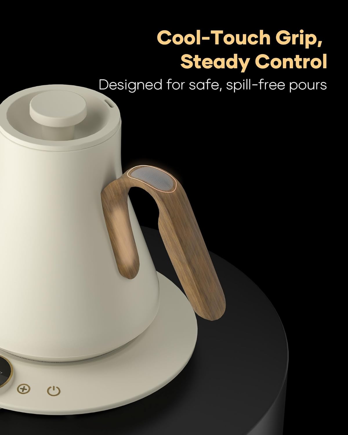 Cocinare FLOW B9 Gooseneck Electric Kettle, Precise Temperature Control for Pour-Over Coffee & Tea Brewing, Stainless Steel Interior, Rapid Heating for Boiling Water 1500W/0.9L (White Wooden)