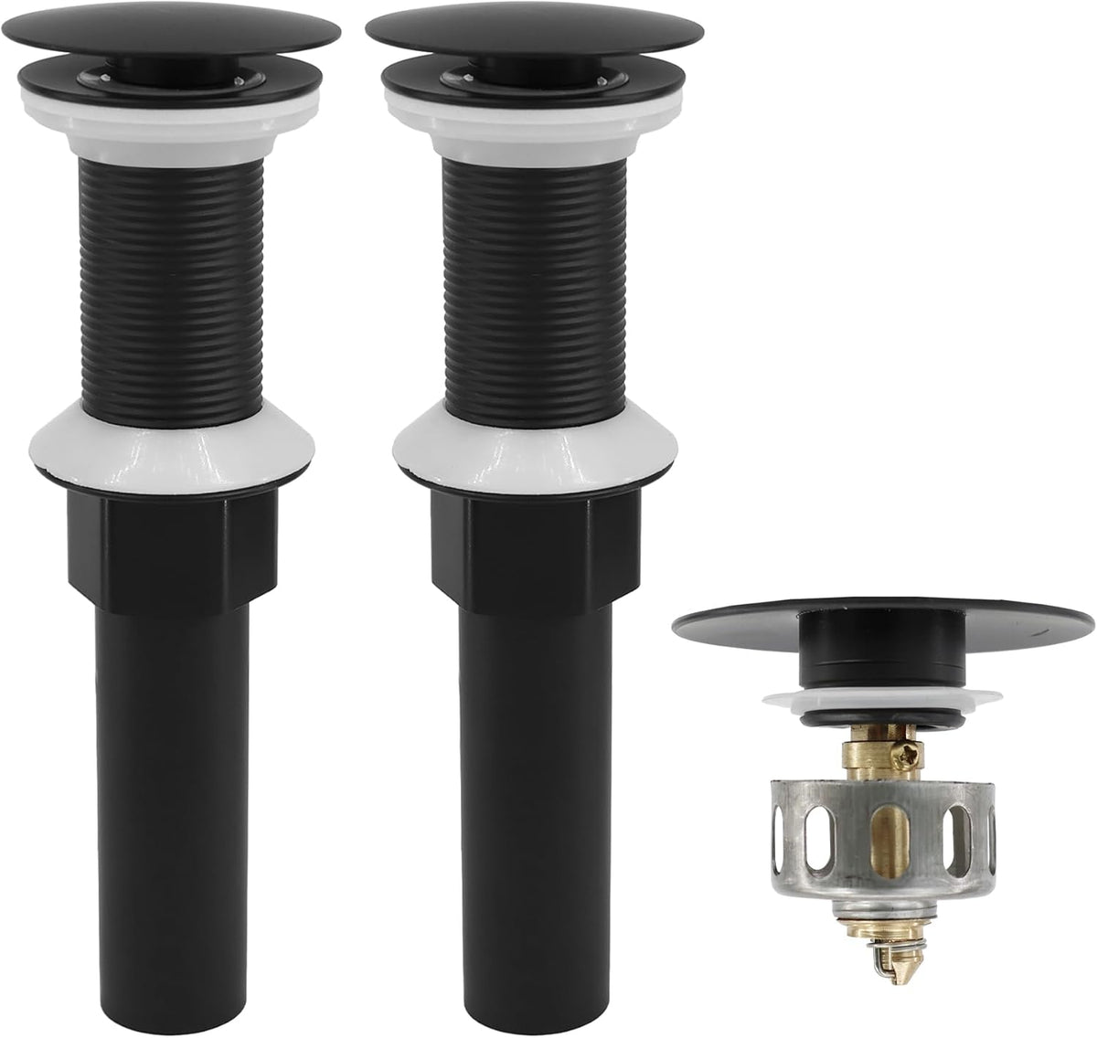 Bathroom Sink Drain,2 Pack Drain Stopper Without Overflow,Pop Up Drain Assembly with Detachable Strainer Basket,Built-in Anti-Clogging, Stainless Steel Nut Mattle Black