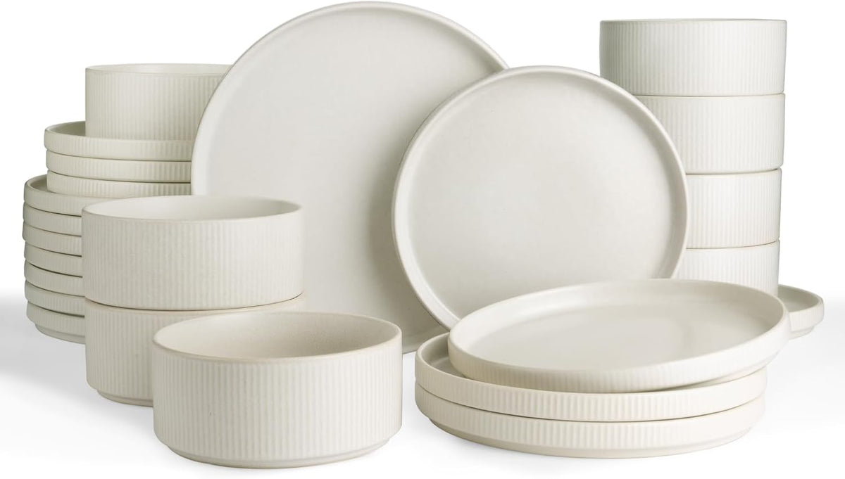 Famiware Star Plates and Bowls Sets, Modern Stoneware Dinnerware Sets for 8, 24-Piece Kitchen Dish Set - Microwave and Dishwasher Safe, Chip and Scratch Resistant, Matte White