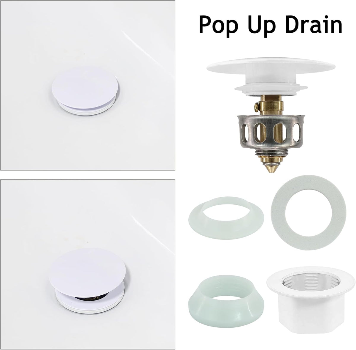 Bathroom Sink Drain,2 Pack White Drain Stopper Bathroom Sink Without Overflow,Pop Up Drain Assembly with Detachable Strainer Basket,Built-in Anti-Clogging, Stainless Steel Nut