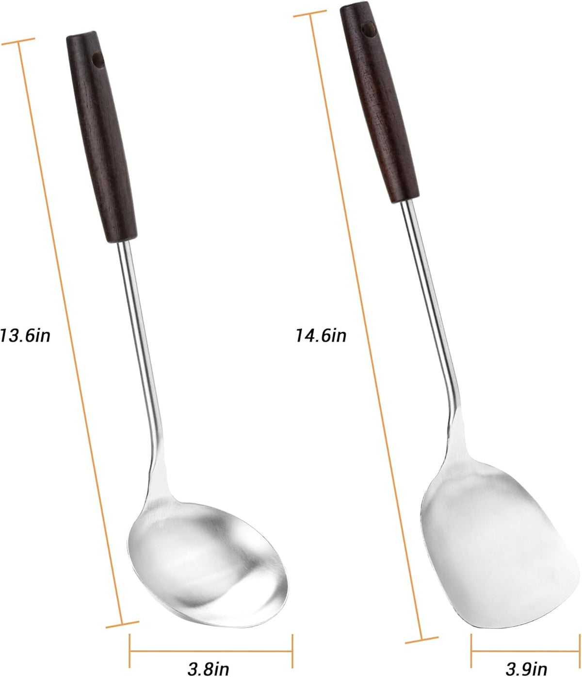 FJNATINH Spatula and Ladle - Set of 2 Wok Tools - Universal Wok Ladle and Spatula - Stainless Steel Cooking Utensils and Wok Accessories,14"-15"