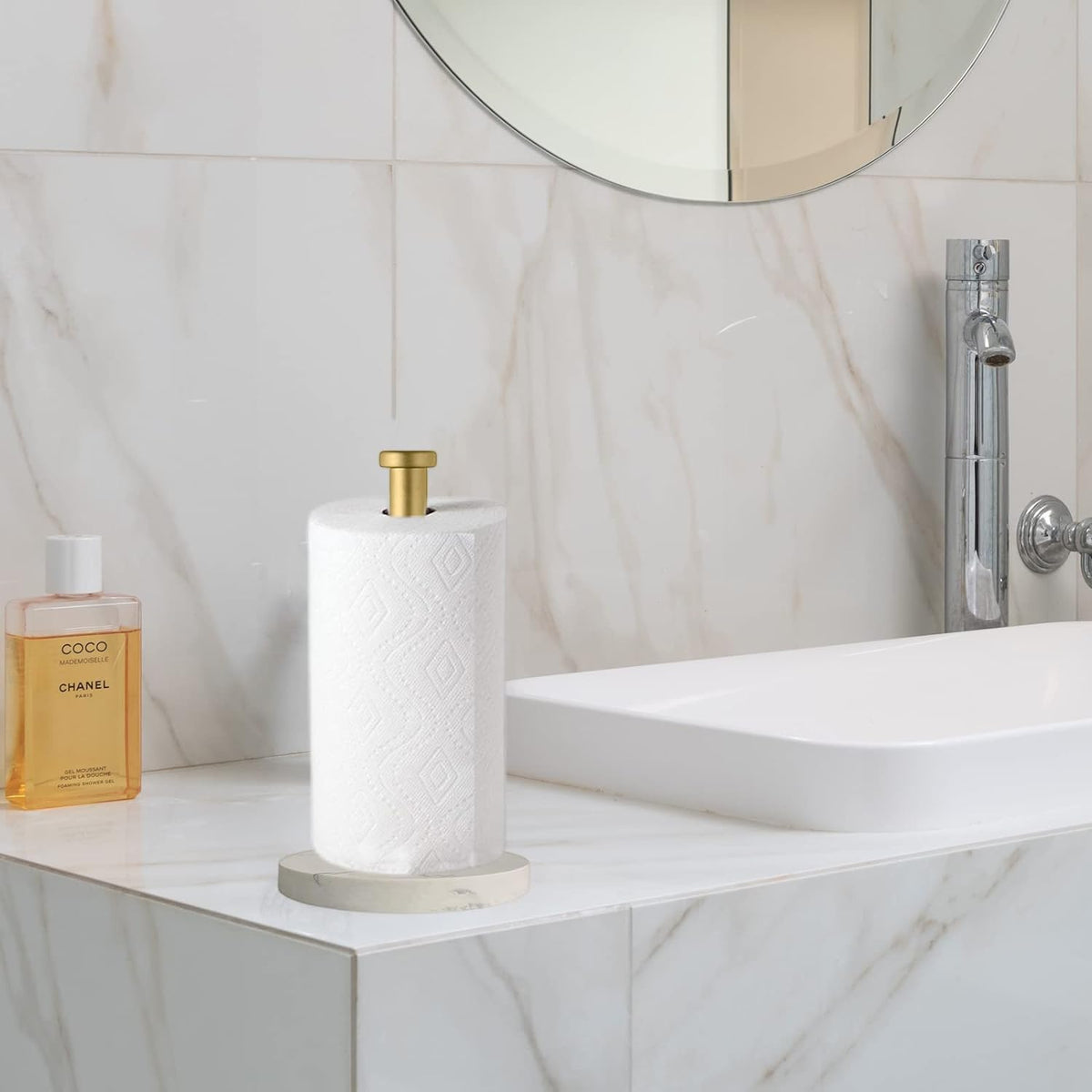 Paper Towel Holder Countertop, Standing Paper Towel Roll Holder for Kitchen Bathroom, with Weighted Marble Base for One-Handed Operation (Gold), Gold Paper Towel Holder, Marble