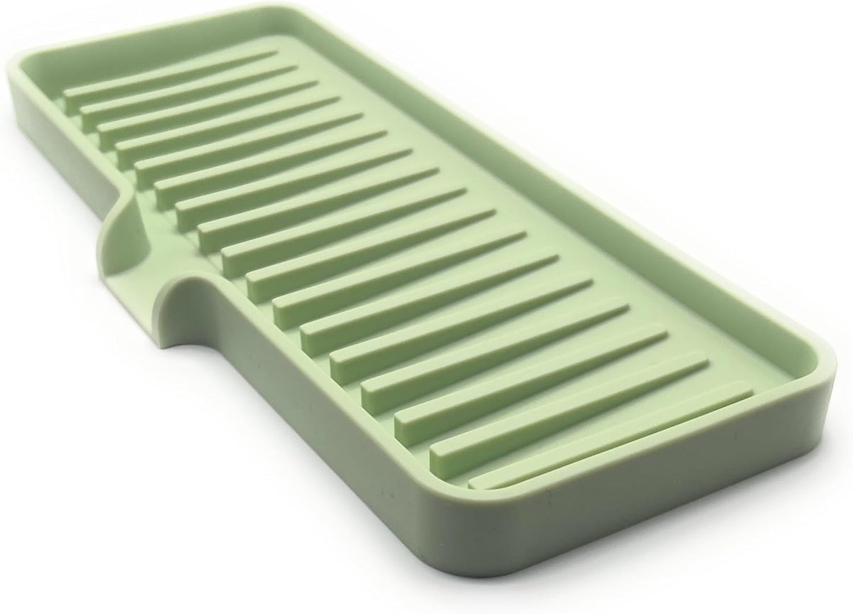 Happitasa Silicone Soap Dish Tray and Sponge Holder with Drain Chute | Bathroom and Kitchen Sink Organizer Caddy (Pistachio, 9"x3.5", 5.6 Ounces)