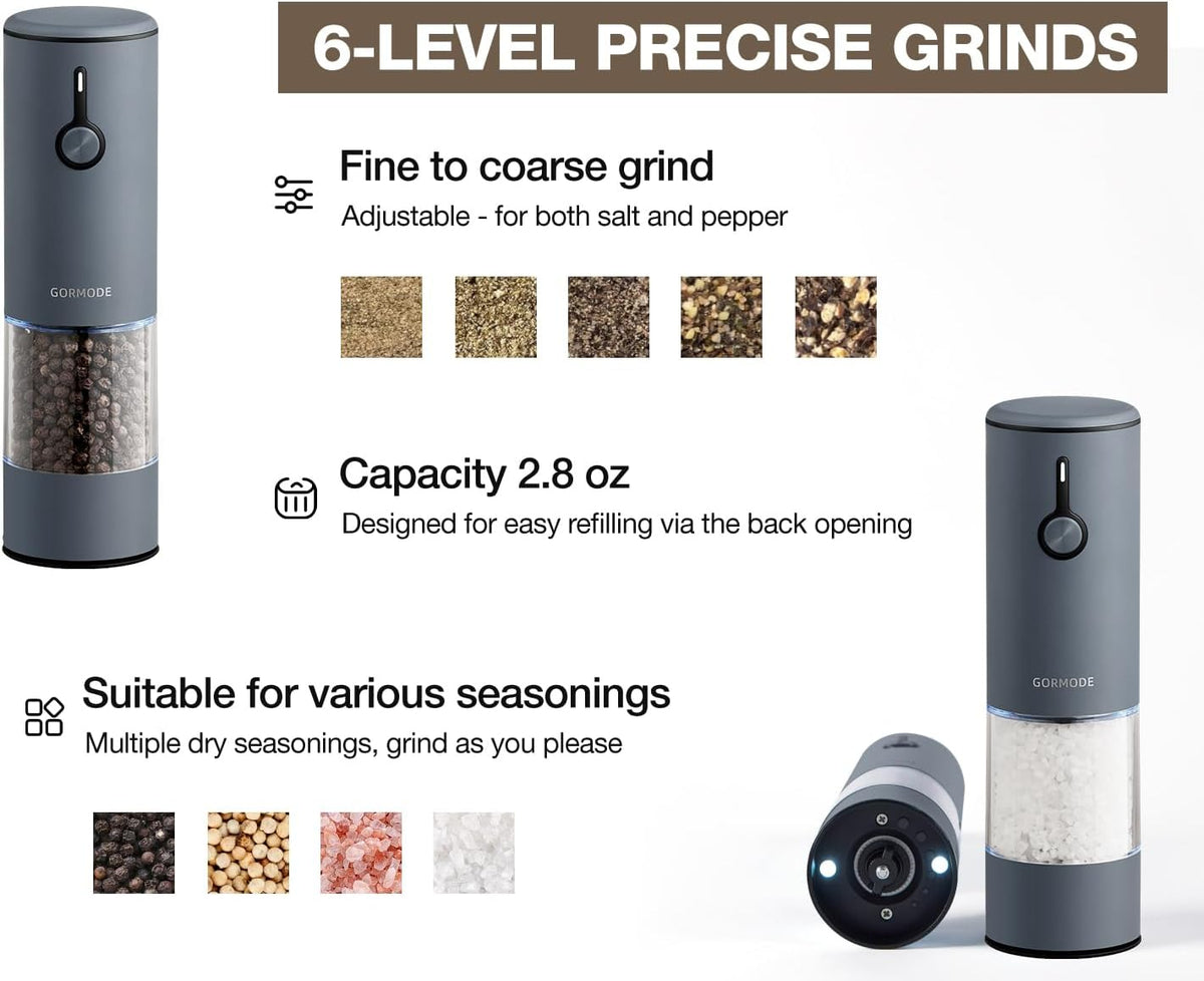 Stainless Steel Electric Salt and Pepper Grinder Set (Wedgwood Blue) - 2 Pack Rechargeable Mills with LED Light, 6 Adjustable Grind Modes & Rustproof Design - Premium Kitchen Tool with USB-C Charging