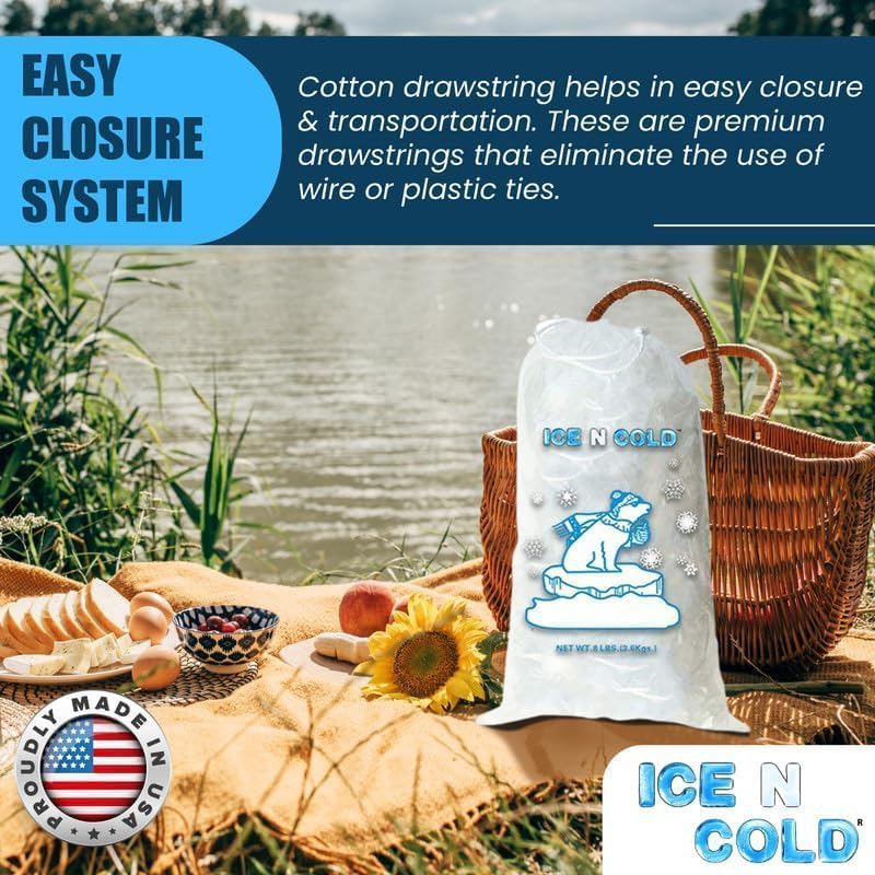 Ice Bags with Drawstring Closure | 10lb, 300ct/cs | 41 mic Thickness | Portable Storage and Freezer Keeper