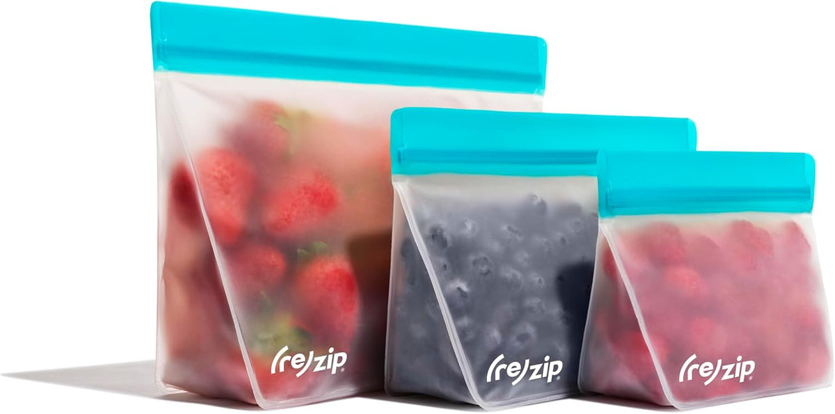 (re) zip 3-Piece Stand-Up Reusable Bag Kit | BPA-Free, Food Grade, Leakproof, Freezer and Dishwasher Safe | Quart (1), 2-Cup (1), Snack (1) | Aqua