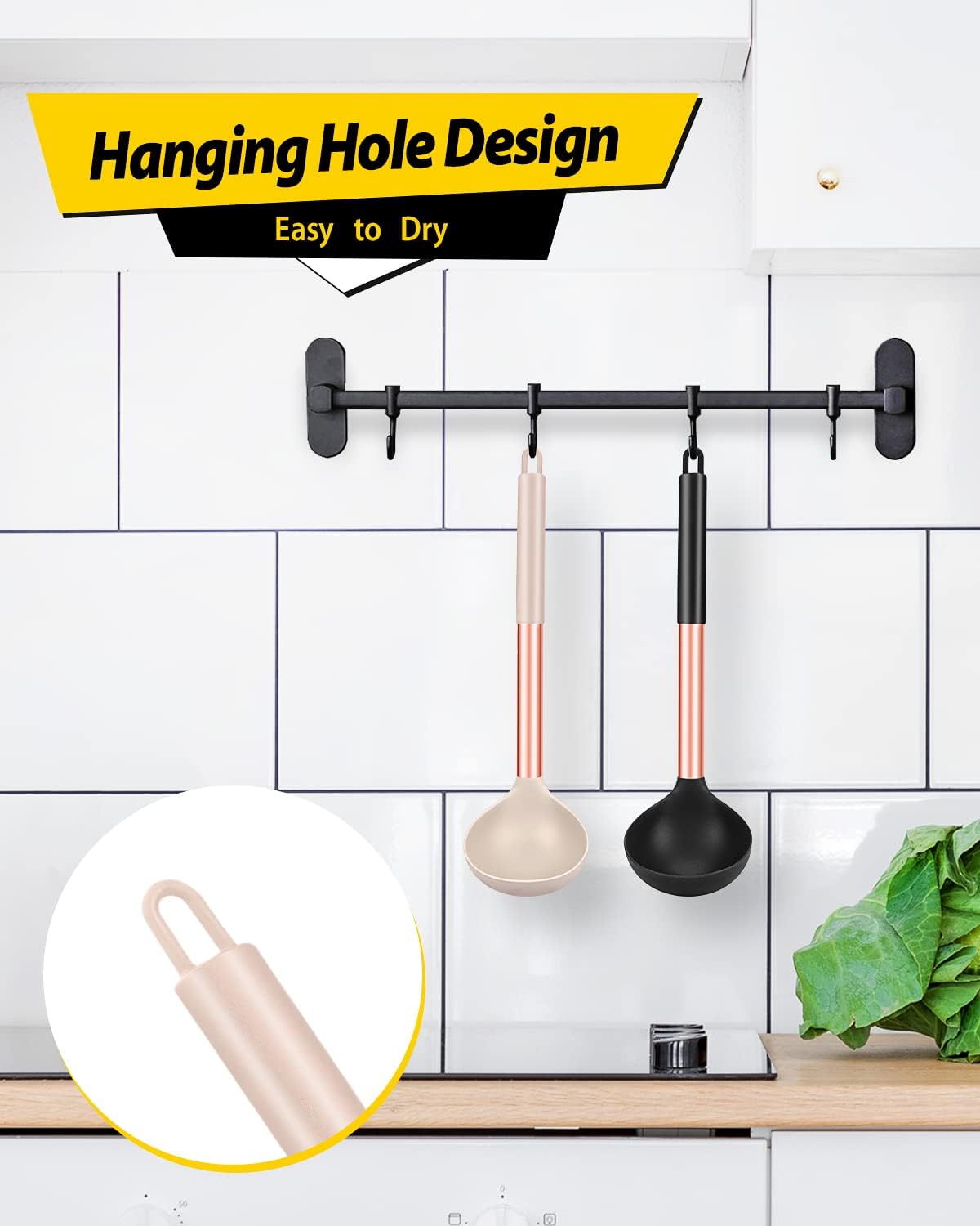 Pack of 2 Ladle Spoon,Silicone Large Spoon for Soup,Non Stick Kitchen Utensils with High Heat Resistant,BPA Free Perfect Kitchen Tools for Cooking, Stirring,Serving Soups (ROSE GOLD BLACK-KHAKI)