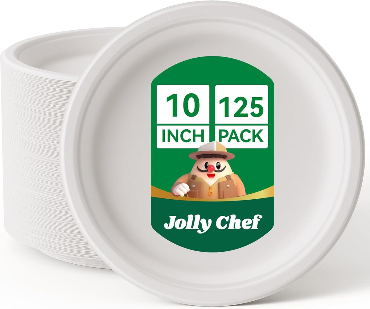 JOLLY CHEF Compostable Heavy Duty Plates 𝟭𝟬 𝗜𝗻𝗰𝗵 [𝟭𝟮𝟱 𝗣𝗮𝗰𝗸] Eco-Friendly Disposable White Paper Plates Made of Bagasse Biodegradable Bulk for Party Dinner Sugarcane Fibers Round 125 Count