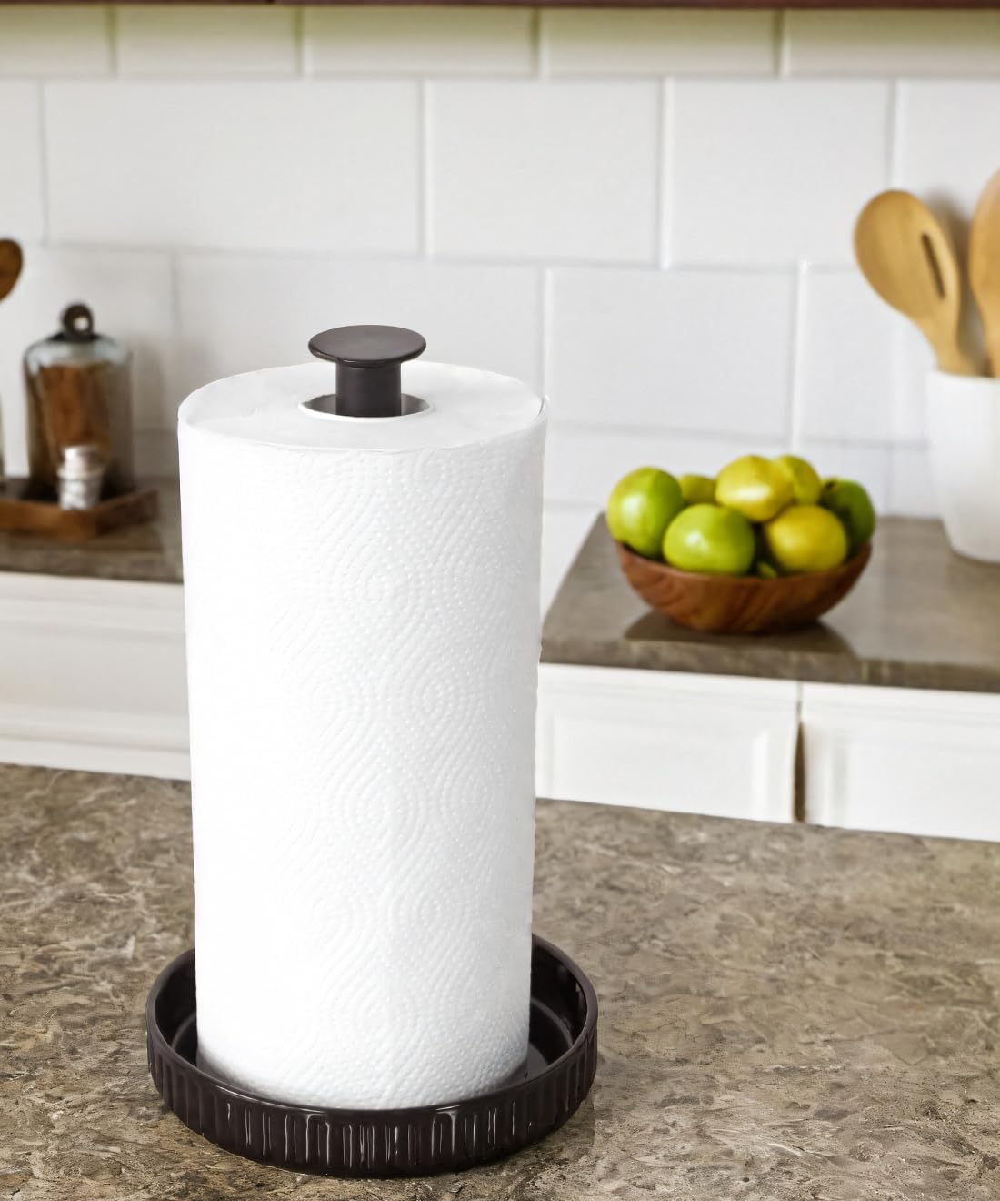 VROOMIUM Paper Towel Holder Countertop, Ceramic Base Easy-to-Clean, 1.5 lbs, 7" B x 12.5" H, Stable Elegant and Durable Kitchen Roll Stand, Classic Black