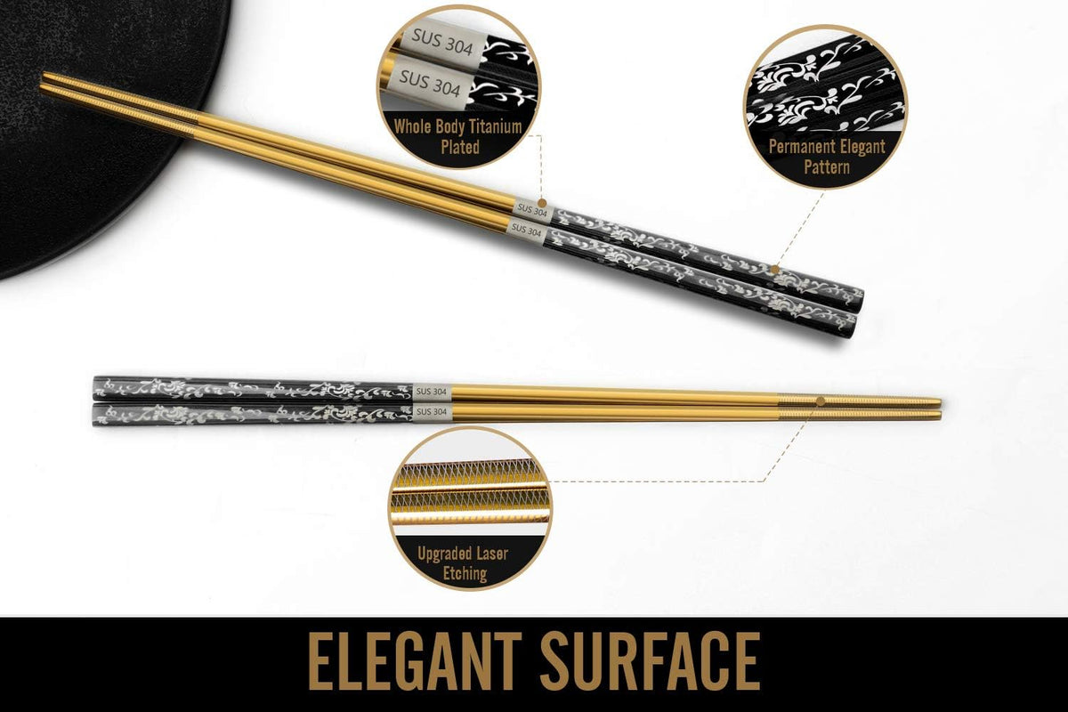 Chopsticks Reusable Titanium Plated Metal Chopsticks 304 Stainless Steel Chopstick Dishwasher safe Japanese Korean lightweight Engraved Anti-slip Chop sticks for Eating 2 Pairs Gift Set Black Gold