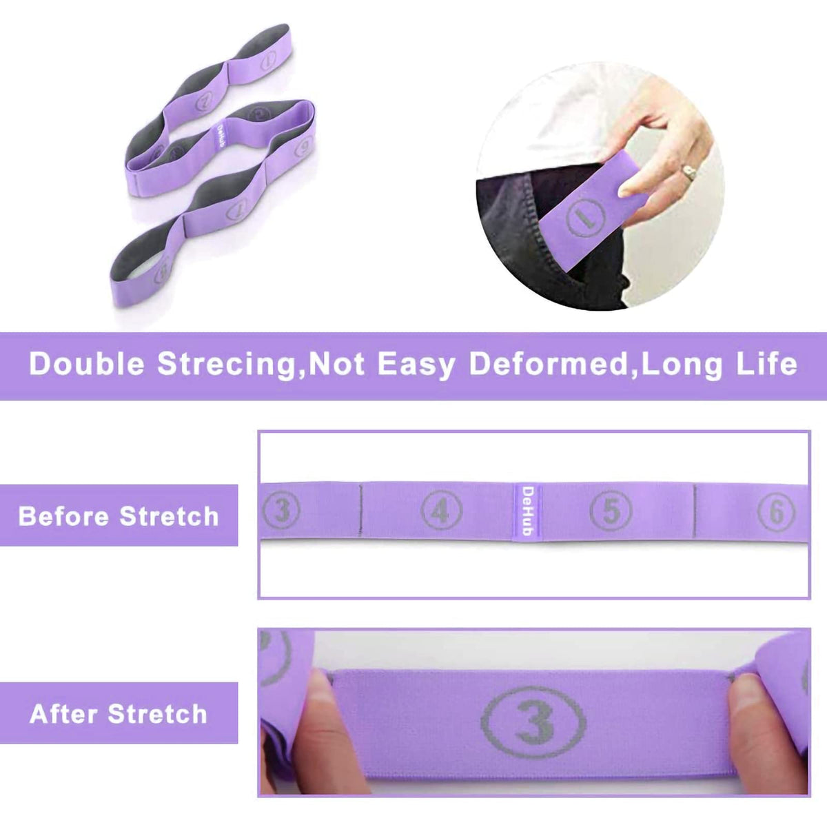 DEHUB Stretch Strap, Elastic Yoga Stretching Strap, Multi-Loop for Physical Therapy, Pilates, Yoga, Dance & Gymnastics Exercise and Flexible Pilates Stretch Band