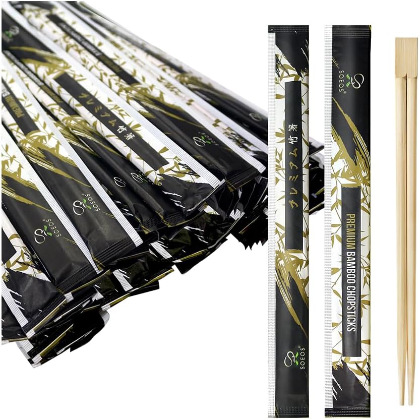Soeos 100 Disposable Chopsticks Bulk - Natural Wooden Chopsticks & Bamboo Chopstick for Sushi, Takeout, Party - Splinter-Free, Individually Wrapped Single-Use Chopstick (Approx.100 Pairs)