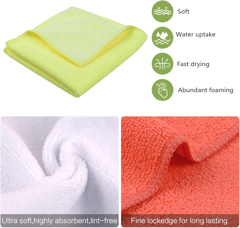 SINLAND 5 Color Assorted Microfiber Dish Cloth Best Kitchen Cloths Cleaning Cloths with Poly Scour Side 12Inchx12Inch 20 Pack (Pinkx4+bluex4+whitex4+yellowx4+greenx4)