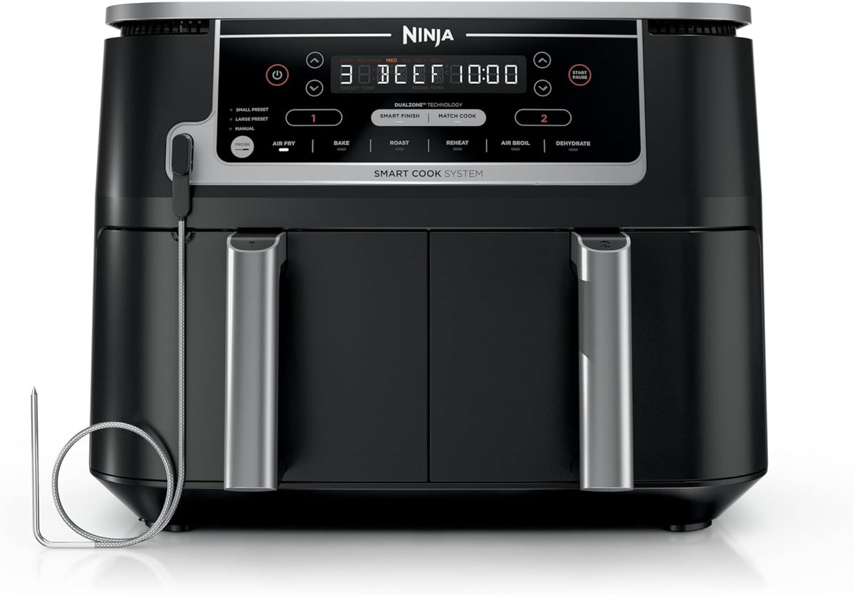 Ninja Foodi 10QT 6-in-1 DualZone Smart XL Air Fryer, 2 Independent 5QT Baskets, Smart Cook Thermometer, Match Cook, Smart Finish, Air Fry, Roast, Bake, Dehydrate, Reheat, Grey, DZ550