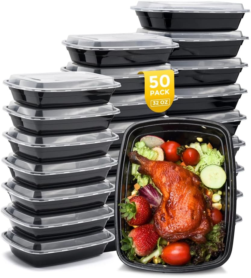 Glotoch Meal Prep Containers Reusable, 50Pack 32oz Plastic Food Prep Storage Containers with Lids,BPA Free,Microwave, Dishwasher Safe Disposable To Go Containers for Meal Plan,Single Compartment