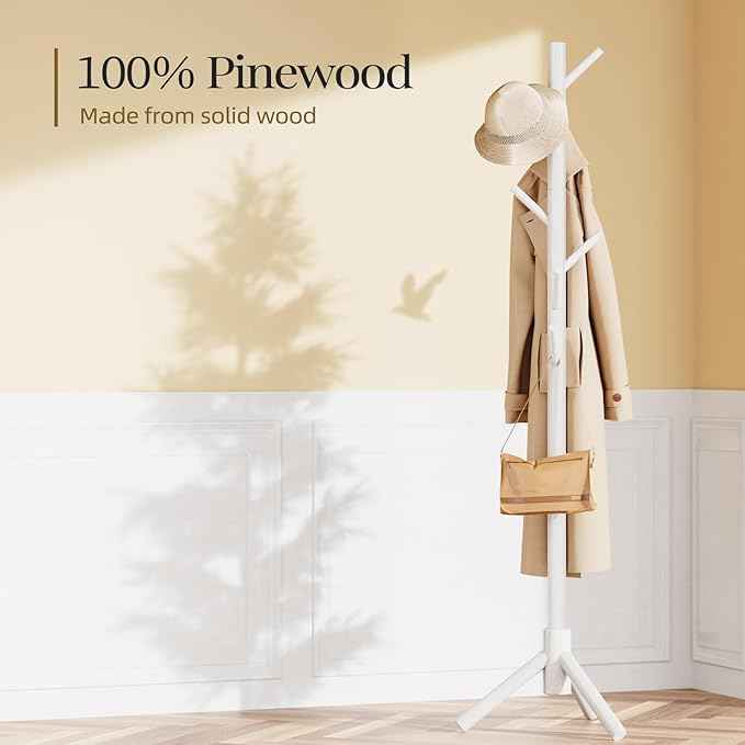 Pipishell Sturdy Wooden Coat Stand, 3 Adjustable Sizes Coat Tree with 8 Hooks, Coat Stands for Hallway Entryway, Hat Stand for Clothes, Used in Bedroom/Office/Hallway/Entryway, White